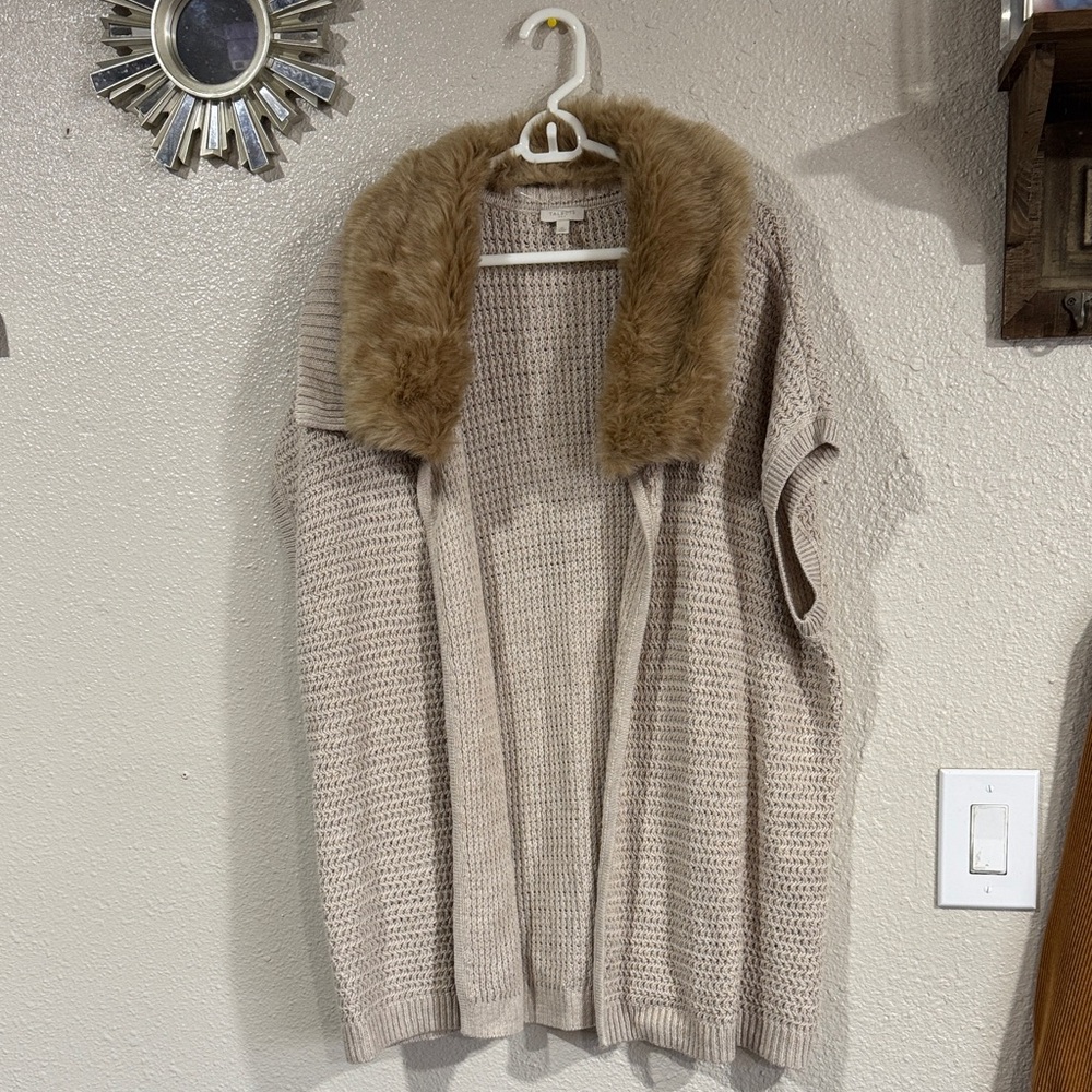Talbots Cream Knit Sweater with Faux Fur Trim